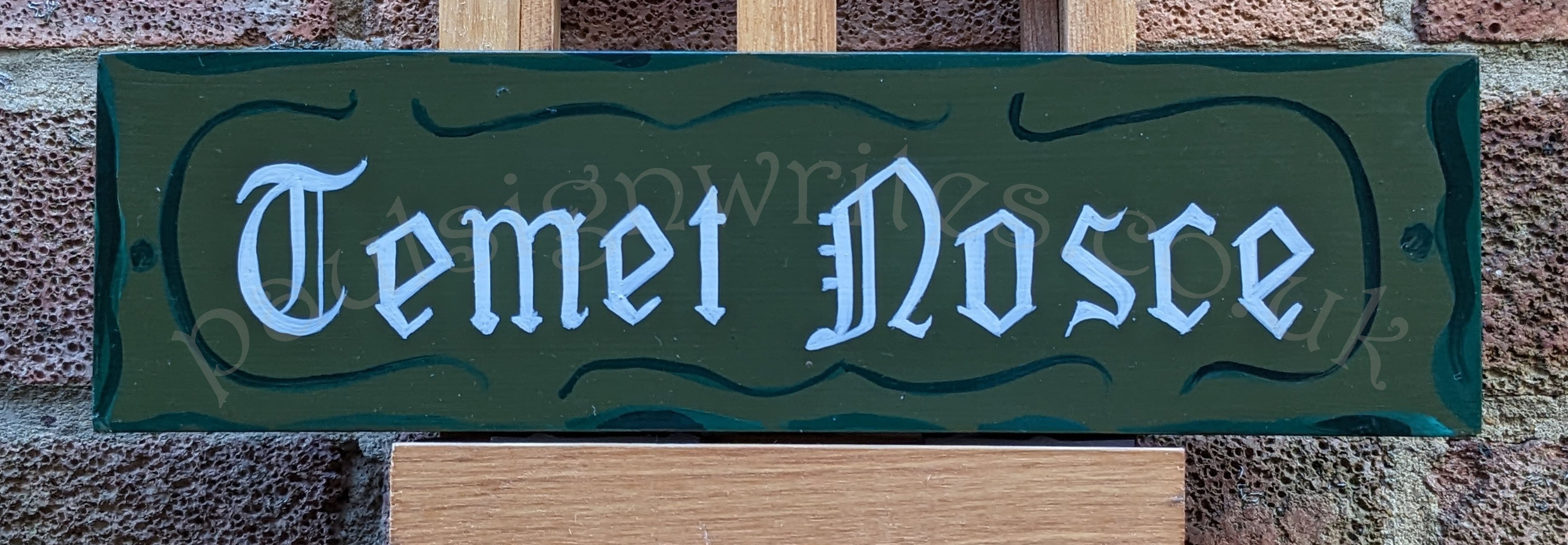Temet Nosce hand painted sign themed on The Matrix prop. Green panel, and scroll work, white lettering.