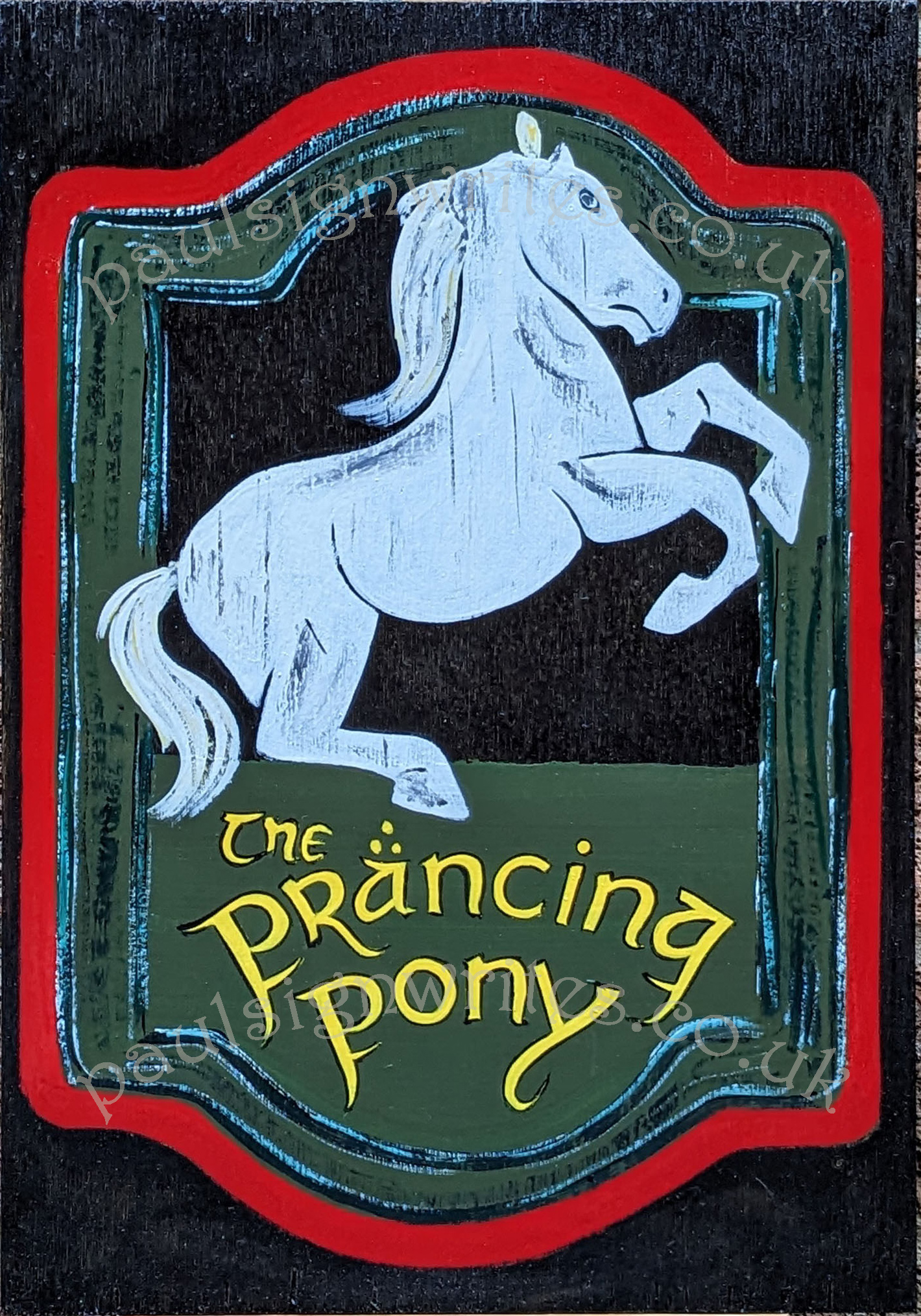 Hand painted 'The Green Dragon' sign, signwritten on a mid oak plywood panel.