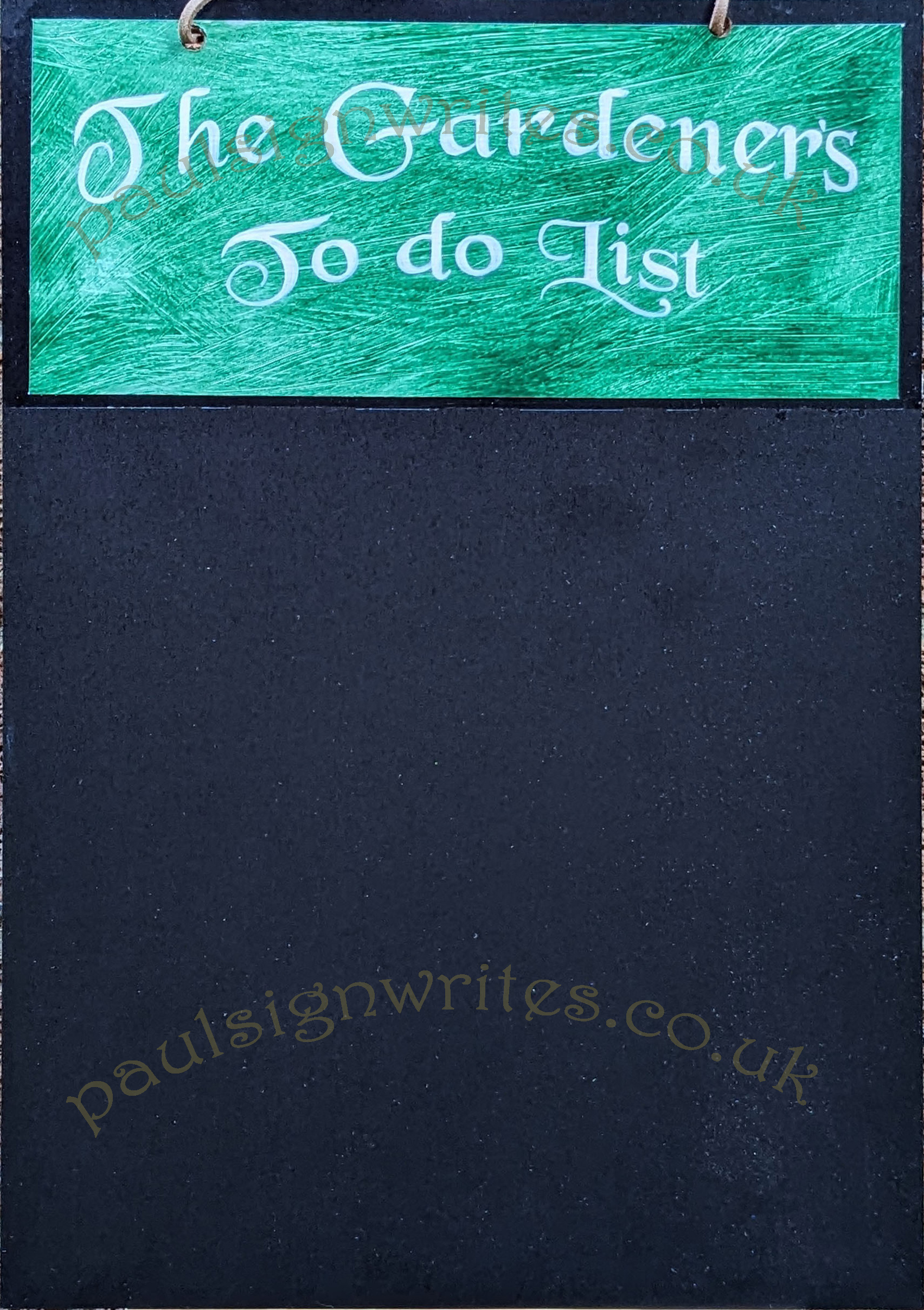 Signwritten 'The Gardener's To Do List Blackboard'.  Green broken paint effect panel with white lettering.